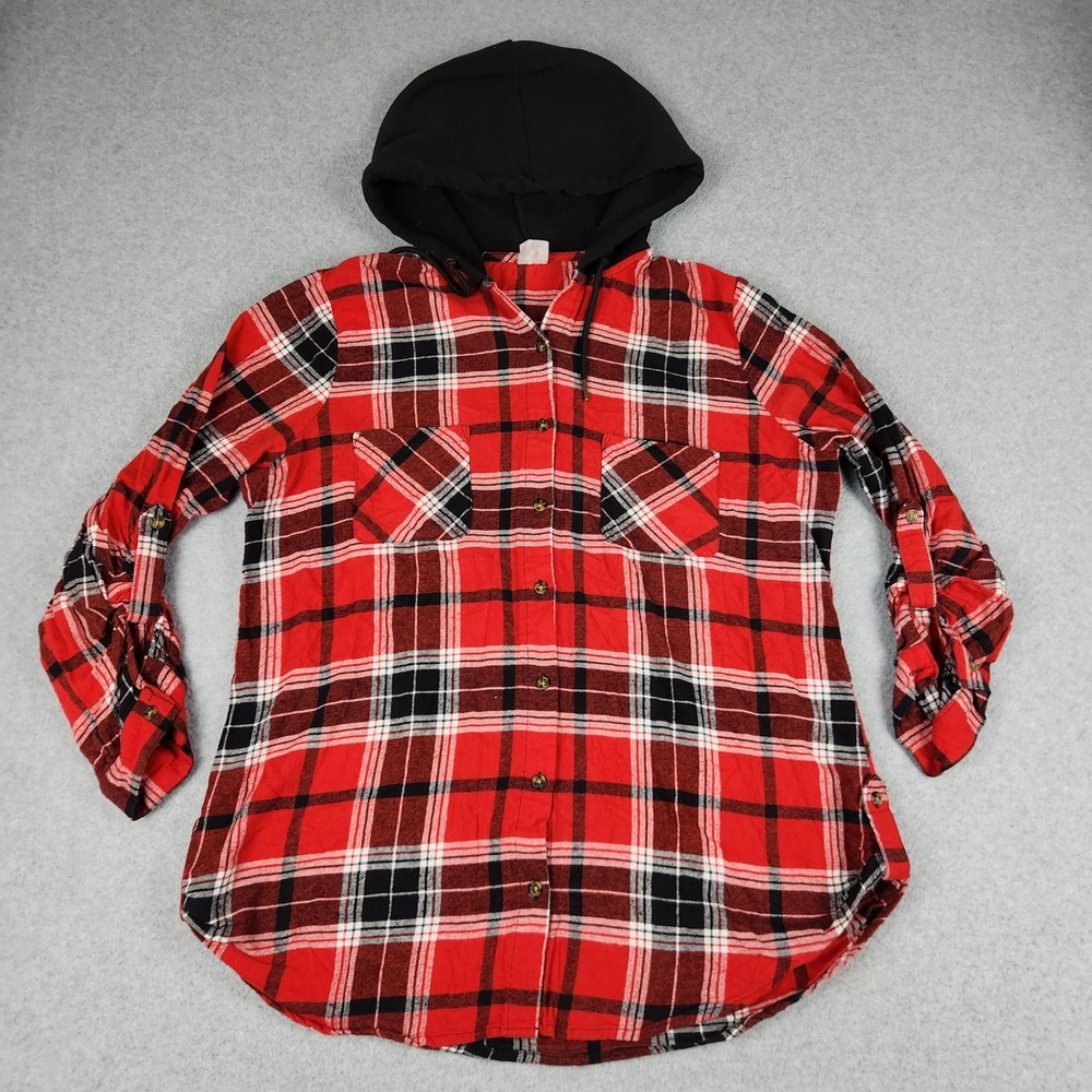 No Boundaries Hooded Shirt Womens XXXL Red Plaid Flannel Roll Tab Button Up